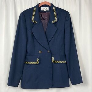 Navy Blue Vintage Nautical Embroidered Blazer with Gold Chain Print Trim Medium
